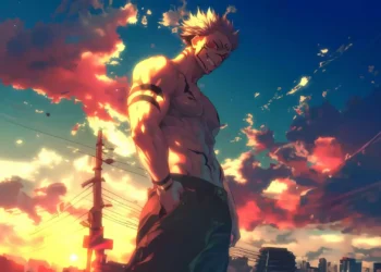 Sukuna from Jujutsu Kaisen standing beneath a dramatic colorful sunset sky live wallpaper
