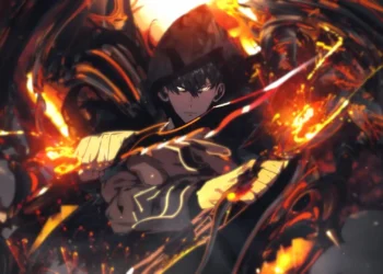 Sung Jinwoo Flame Aura Solo Leveling Live Wallpaper 1 Sung Jinwoo surrounded by blazing flame aura and dark energy in Solo Leveling live wallpaper.