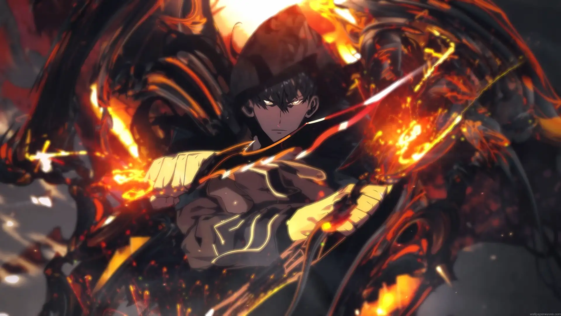 Sung Jinwoo surrounded by blazing flame aura and dark energy in Solo Leveling live wallpaper.
