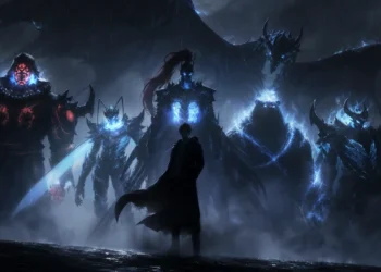 Sung Jinwoo standing before his powerful Shadow Army and giant shadow dragon in the rain Solo Leveling live wallpaper.