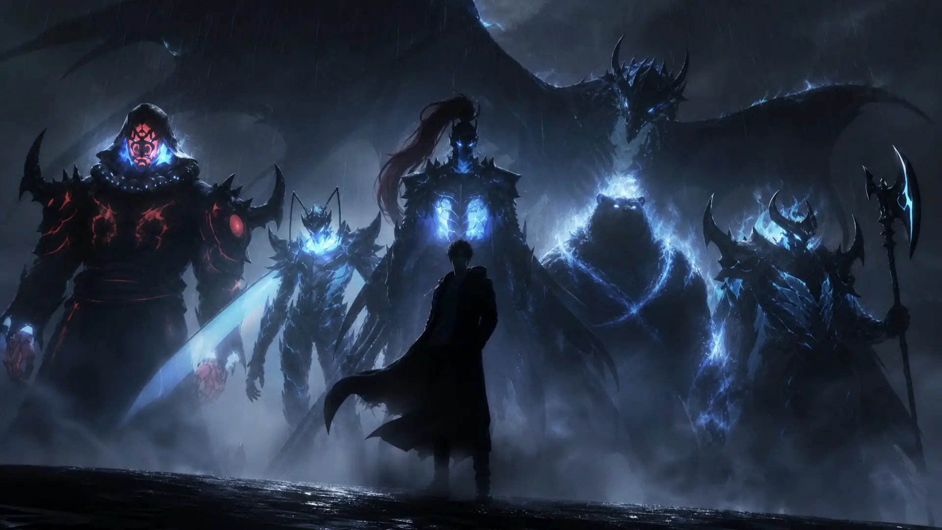 Sung Jinwoo standing before his powerful Shadow Army and giant shadow dragon in the rain Solo Leveling live wallpaper.