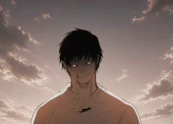 Toji Fushiguro Menacing Smile Live Wallpaper 3 Toji Fushiguro with a menacing smile and glowing eyes beneath a dramatic cloudy sky in Jujutsu Kaisen wallpaper.