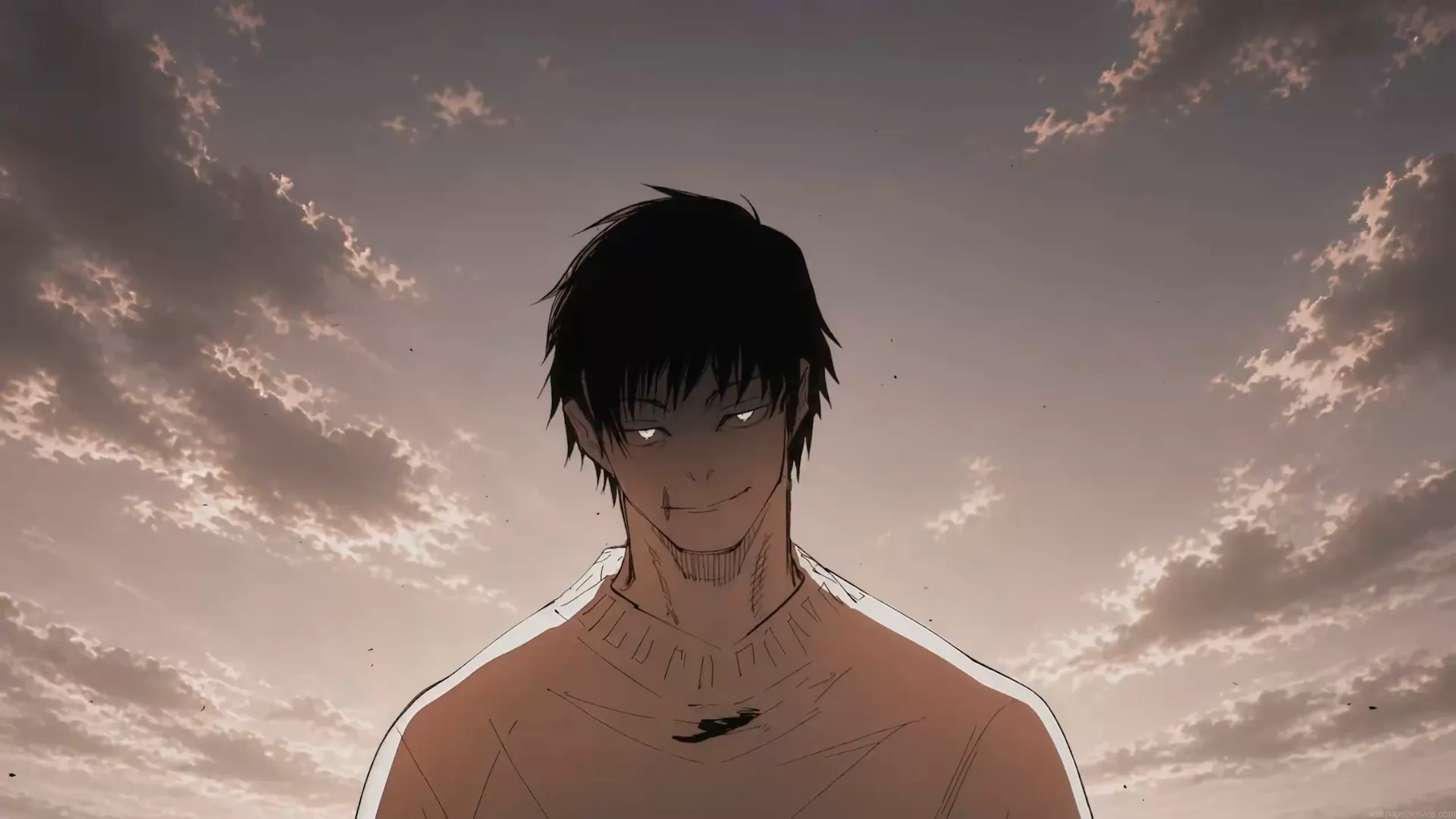 Toji Fushiguro with a menacing smile and glowing eyes beneath a dramatic cloudy sky in Jujutsu Kaisen wallpaper.