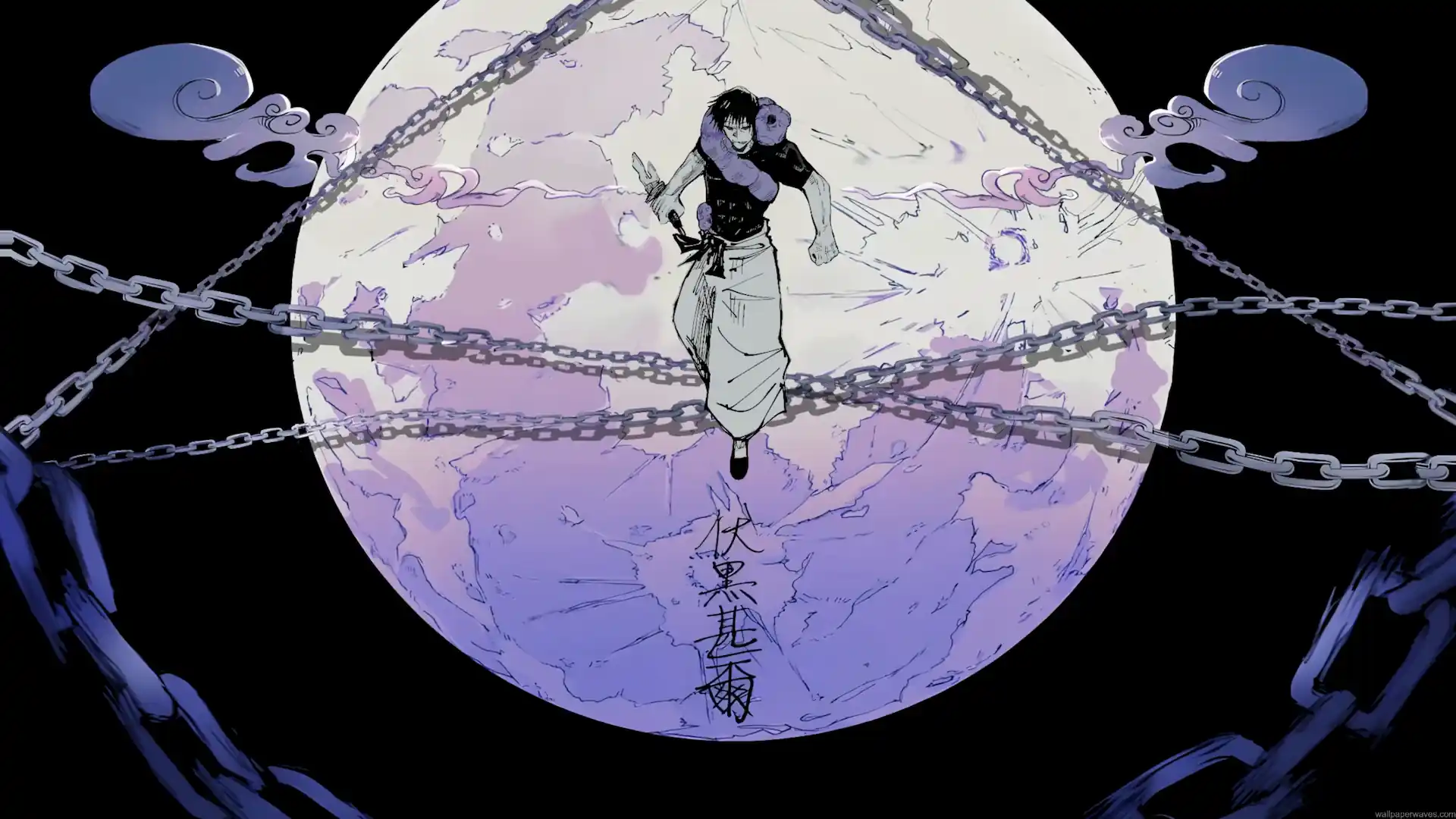 Toji Fushiguro from Jujutsu Kaisen standing before a giant moon surrounded by chains live wallpaper