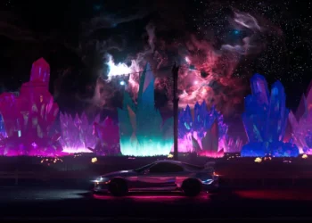 Toyota Supra surrounded by glowing neon crystals under a colorful galaxy live wallpaper