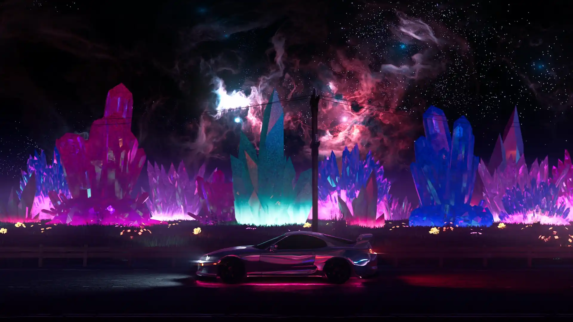 Toyota Supra surrounded by glowing neon crystals under a colorful galaxy live wallpaper