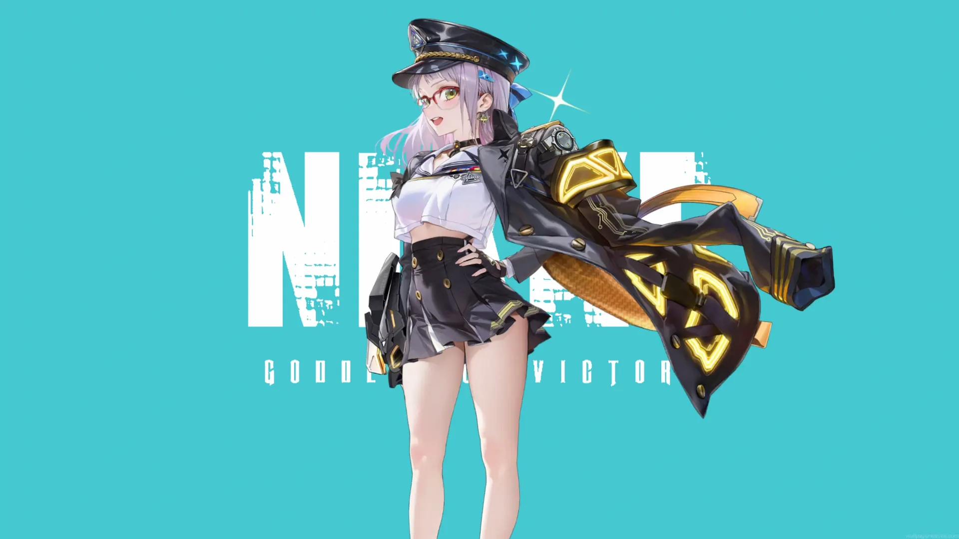 Vision Eye from Goddess of Victory Nikke posing in a futuristic black and gold outfit live wallpaper.