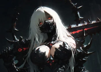 White Hair Demon Girl Dark Fantasy Live Wallpaper 3 White hair demon girl with glowing red eyes, black mask and dark spiked armor live wallpaper.