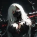 White Hair Demon Girl Dark Fantasy Live Wallpaper 10 White hair demon girl with glowing red eyes, black mask and dark spiked armor live wallpaper.