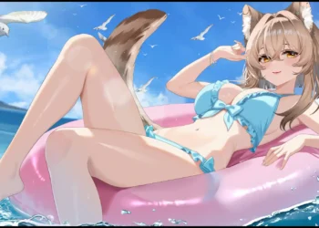xKamysh VTuber wearing a blue bikini relaxing on a pink float in the ocean under a sunny blue sky live wallpaper.
