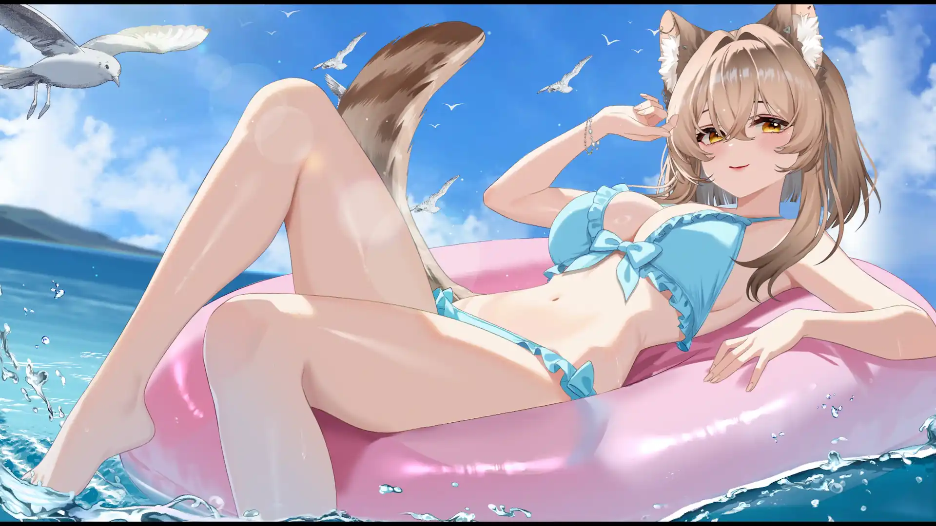 xKamysh VTuber wearing a blue bikini relaxing on a pink float in the ocean under a sunny blue sky live wallpaper.