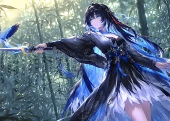 Yangyang Xuanling from Wuthering Waves holding a sword with a blue bird in a peaceful bamboo forest live wallpaper