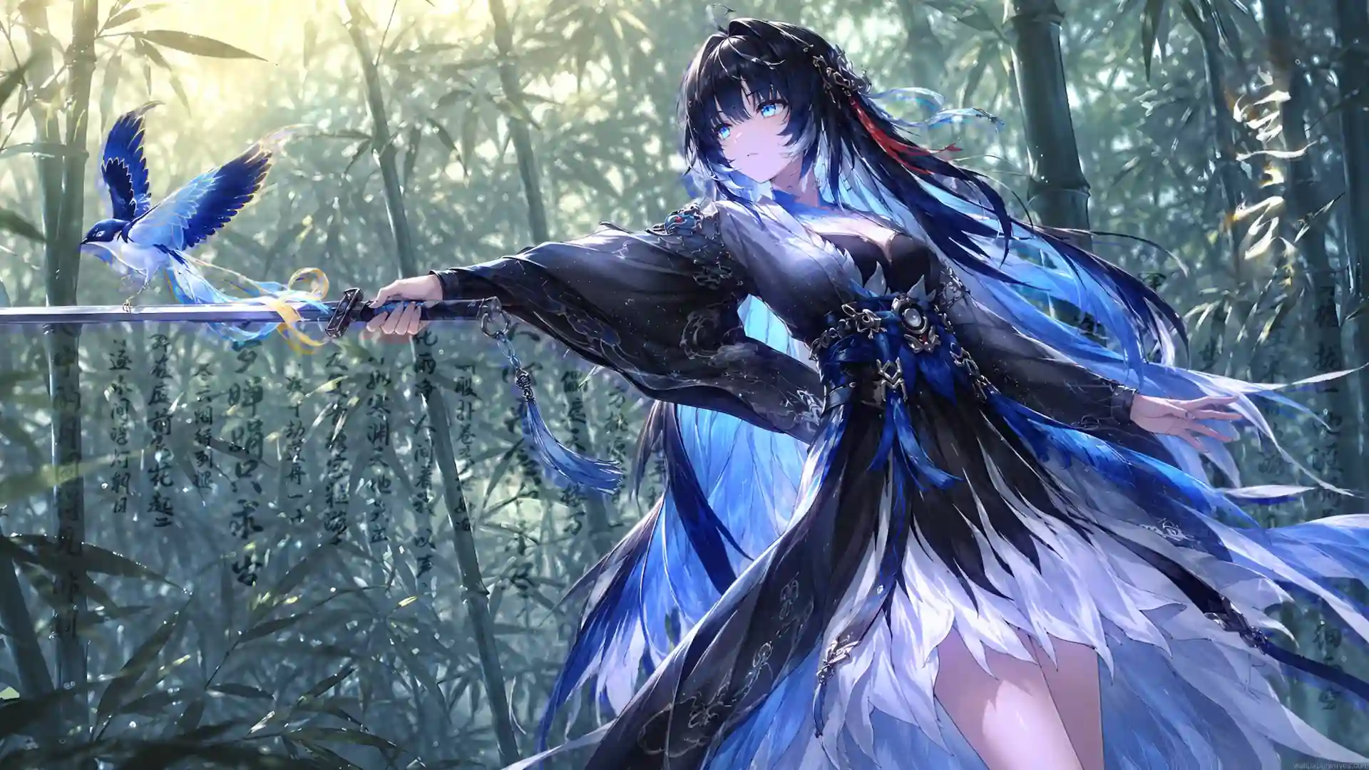 Yangyang Xuanling from Wuthering Waves holding a sword with a blue bird in a peaceful bamboo forest live wallpaper