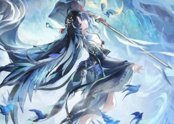 Yangyang in her Xuanling outfit wielding a sword with blue birds and flowing ethereal energy from Wuthering Waves live wallpaper.