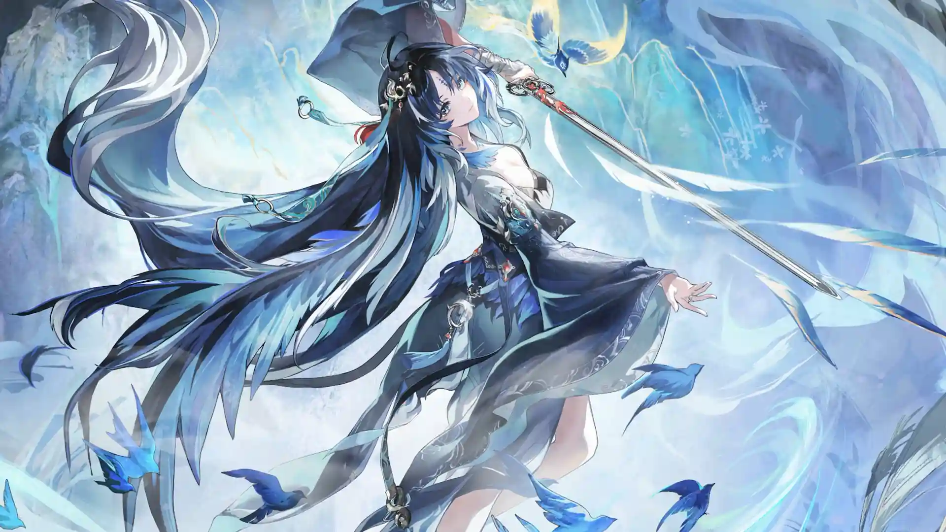 Yangyang in her Xuanling outfit wielding a sword with blue birds and flowing ethereal energy from Wuthering Waves live wallpaper.