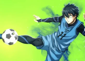 Yoichi Isagi Blue Lock Soccer Kick Live Wallpaper 1 Yoichi Isagi from Blue Lock performing a powerful soccer kick against a vibrant green background live wallpaper