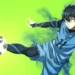 Yoichi Isagi from Blue Lock performing a powerful soccer kick against a vibrant green background live wallpaper
