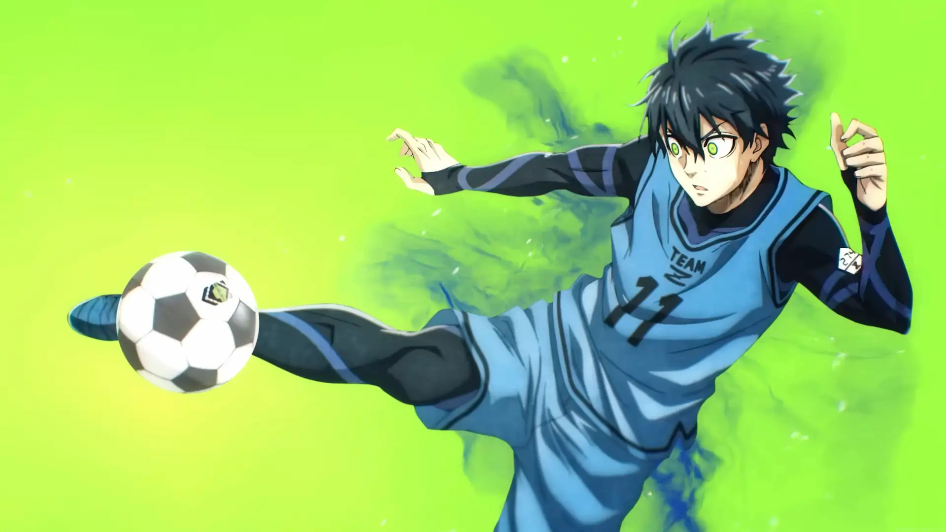 Yoichi Isagi from Blue Lock performing a powerful soccer kick against a vibrant green background live wallpaper