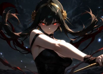 Yor Forger Red Eyes Assassin Live Wallpaper 2 Yor Forger with glowing red eyes holding golden assassin weapons in a dark Spy x Family wallpaper.