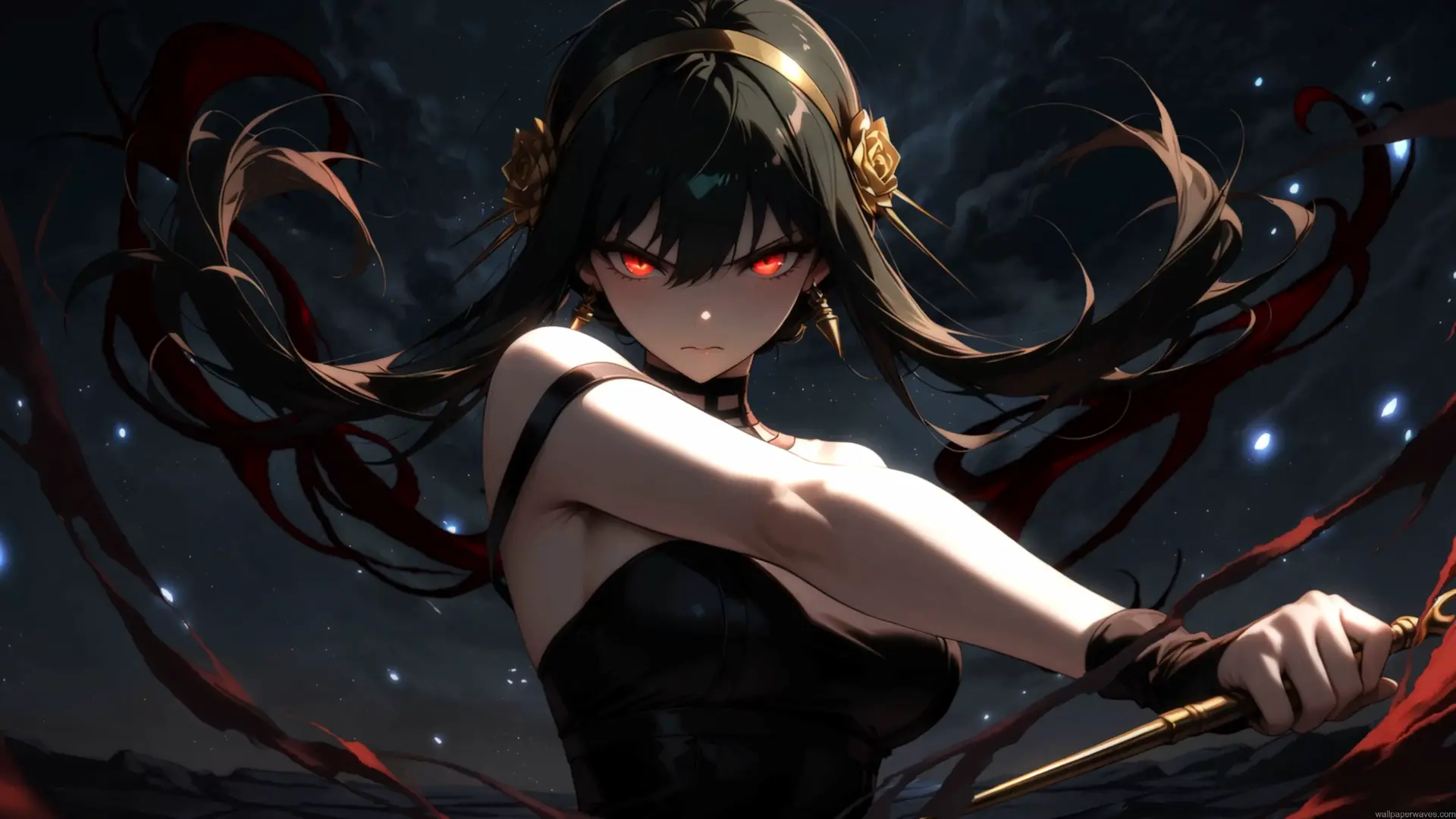 Yor Forger with glowing red eyes holding golden assassin weapons in a dark Spy x Family wallpaper.