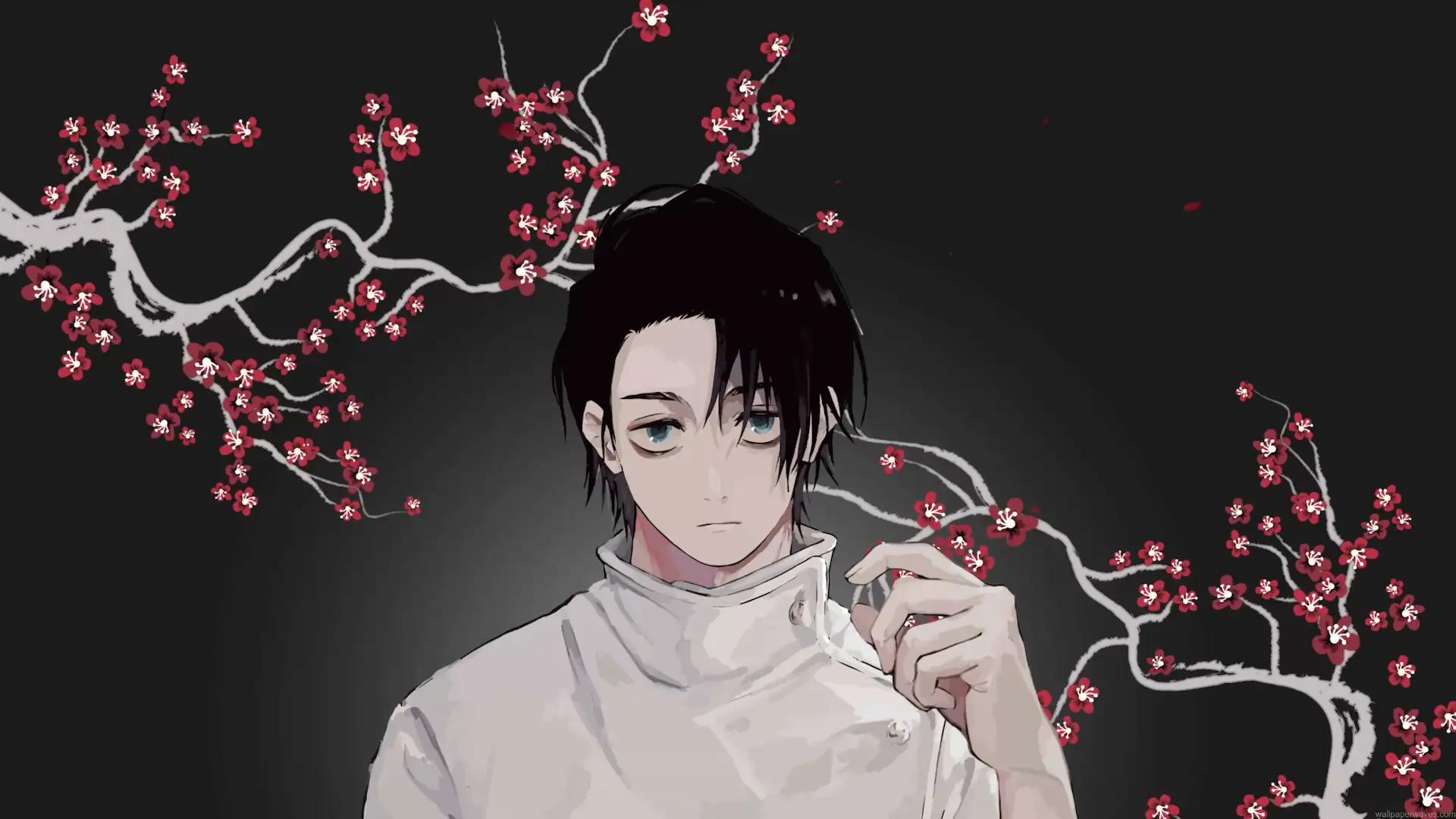 Yuta Okkotsu from Jujutsu Kaisen surrounded by red cherry blossoms on a dark background live wallpaper.