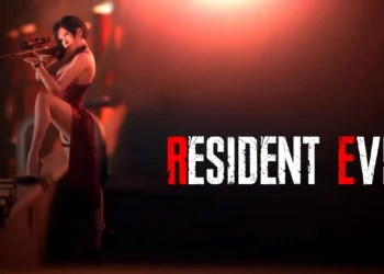 Ada Wong in her red dress aiming a scoped sniper rifle against a dark red Resident Evil background live wallpaper