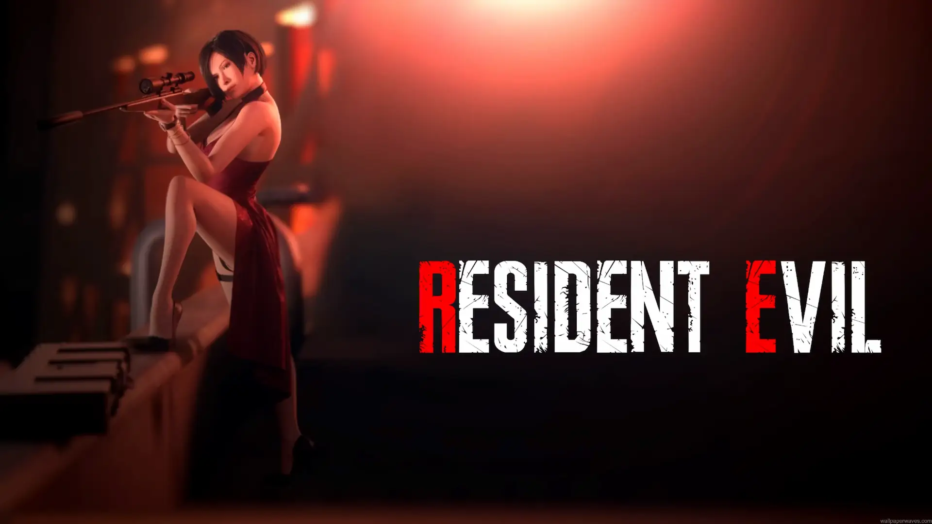 Ada Wong in her red dress aiming a scoped sniper rifle against a dark red Resident Evil background live wallpaper