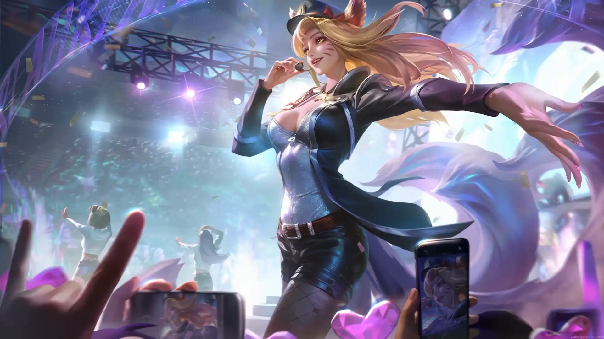 Ahri performing on stage in her K/DA ALL OUT outfit with glowing fox tails, confetti, and cheering fans in League of Legends live wallpaper