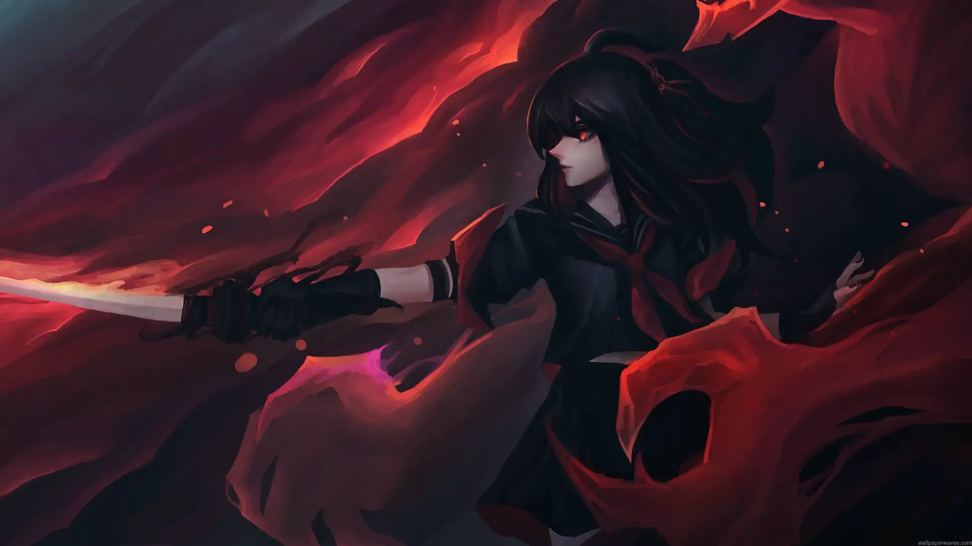 Akame wielding her sword with glowing red eyes and swirling crimson energy in Akame ga Kill live wallpaper