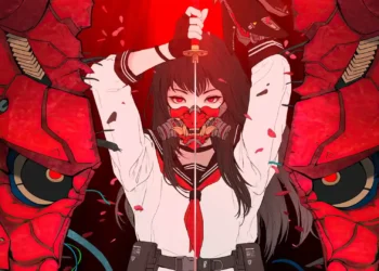 Anime girl with glowing red eyes wearing an oni mask and holding a katana between massive red armored oni figures live wallpaper