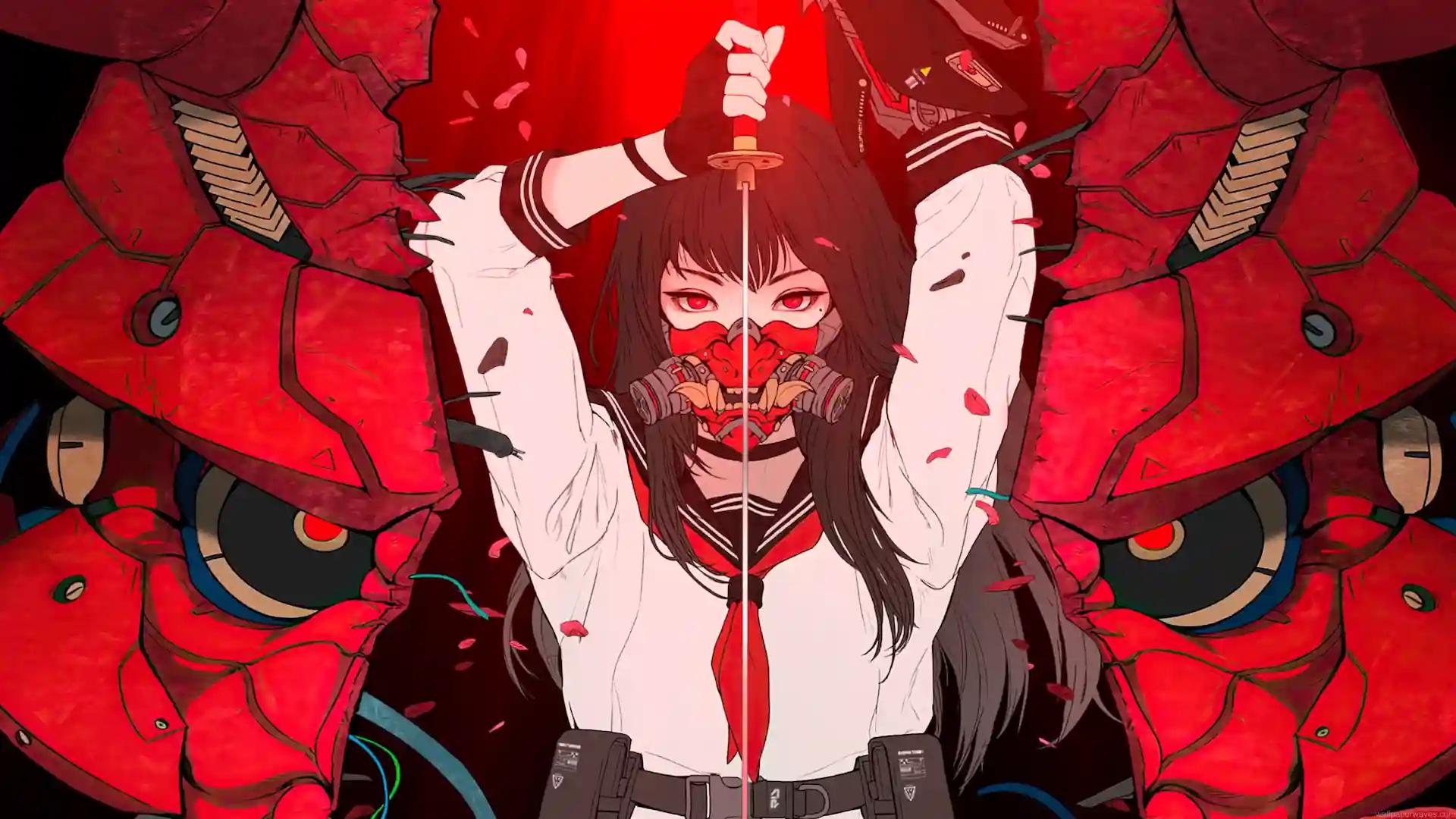 Anime girl with glowing red eyes wearing an oni mask and holding a katana between massive red armored oni figures live wallpaper