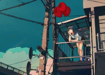 Anime Girl Red Balloons Balcony Live Wallpaper 4 Dark-haired anime girl leaning on a balcony beneath floating red balloons with power lines and a teal sky live wallpaper