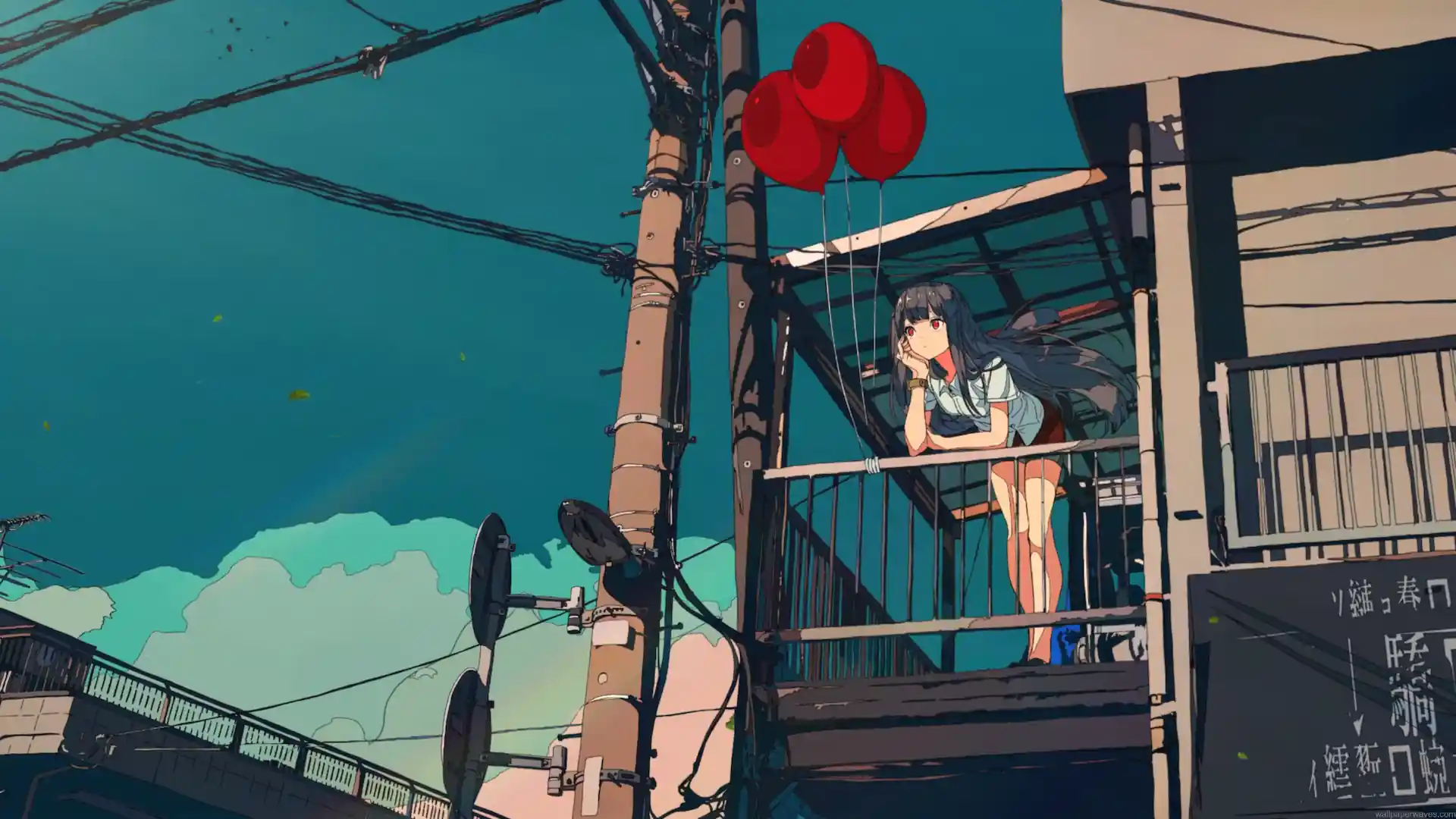 Dark-haired anime girl leaning on a balcony beneath floating red balloons with power lines and a teal sky live wallpaper