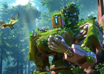 Bastion Overgrown Forest Overwatch Live Wallpaper 1 Bastion covered in moss and plants resting beside a giant tree with a bird in a lush forest in Overwatch live wallpaper