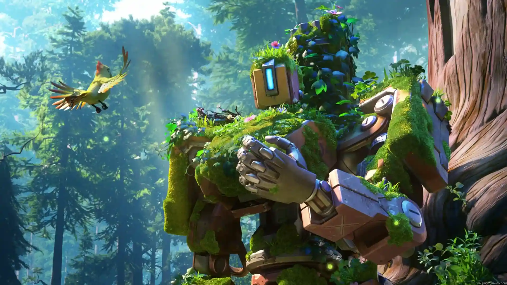 Bastion covered in moss and plants resting beside a giant tree with a bird in a lush forest in Overwatch live wallpaper