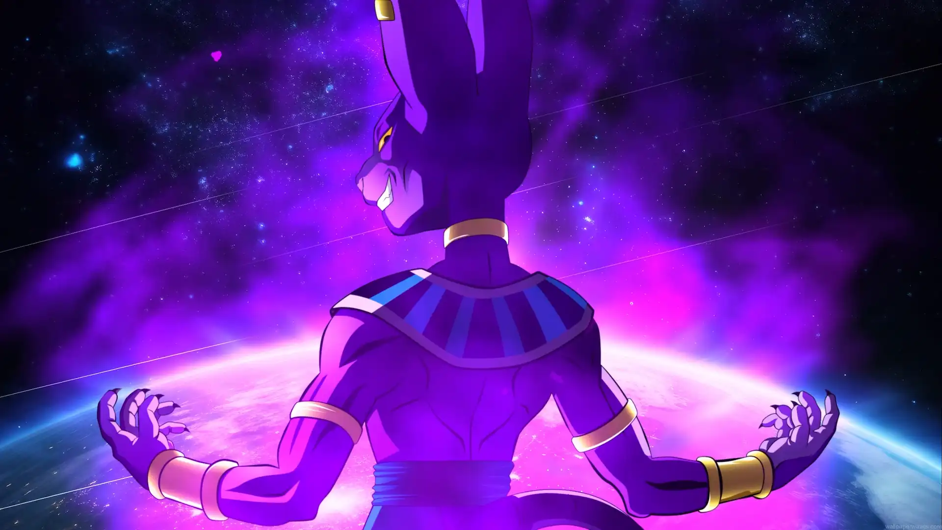 Beerus from Dragon Ball Super surrounded by a glowing purple cosmic aura above a planet in space live wallpaper