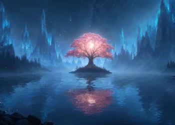 Cherry Blossom Tree Fantasy Lake Live Wallpaper 5 Glowing pink cherry blossom tree on a small island in a fantasy lake surrounded by misty blue mountains under a starry night sky live wallpaper