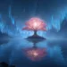 Cherry Blossom Tree Fantasy Lake Live Wallpaper 10 Glowing pink cherry blossom tree on a small island in a fantasy lake surrounded by misty blue mountains under a starry night sky live wallpaper