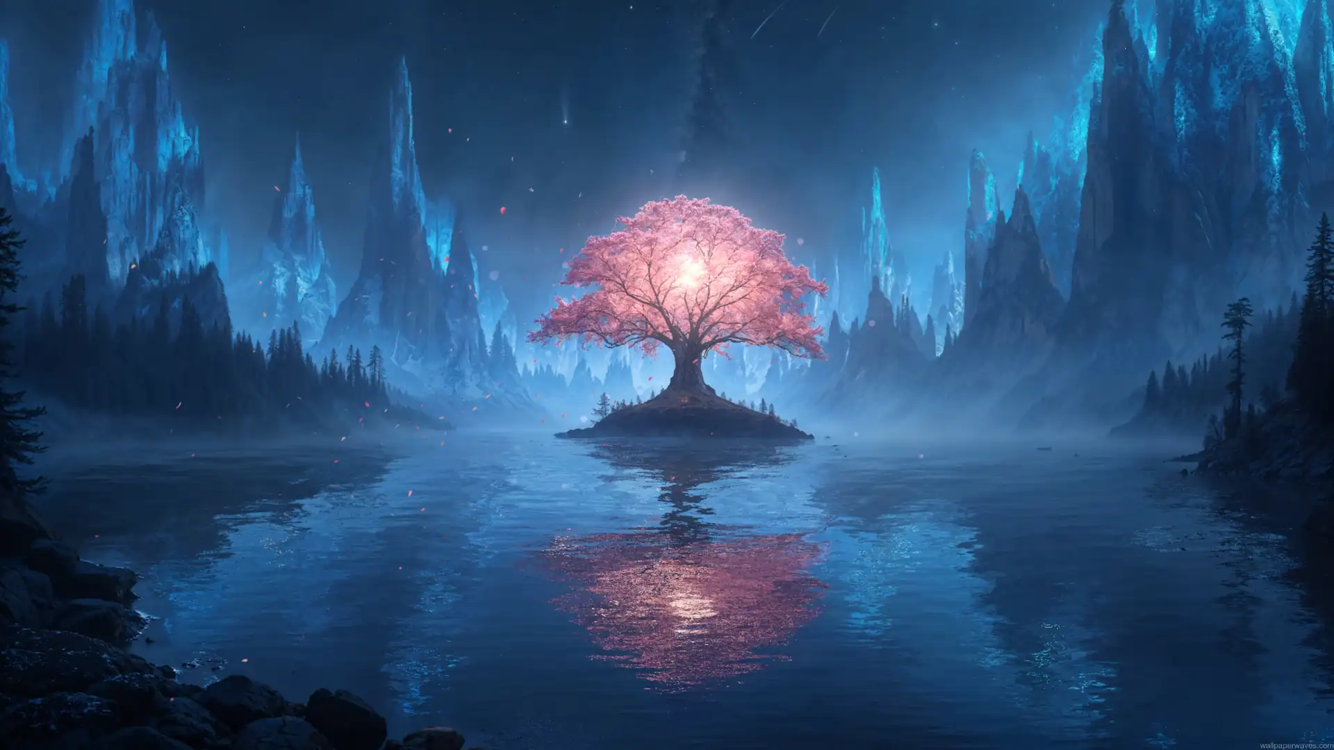 Glowing pink cherry blossom tree on a small island in a fantasy lake surrounded by misty blue mountains under a starry night sky live wallpaper