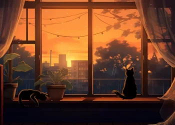 Cozy Cats Watching Rainy Sunset Live Wallpaper 1 Two cozy cats relaxing by a large window while watching rain fall over a glowing orange sunset and distant city live wallpaper