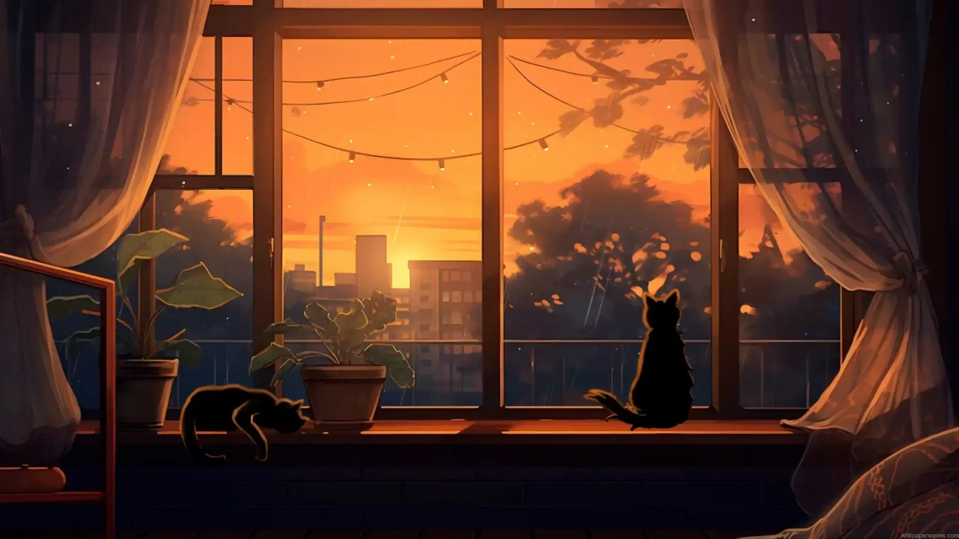 Two cozy cats relaxing by a large window while watching rain fall over a glowing orange sunset and distant city live wallpaper