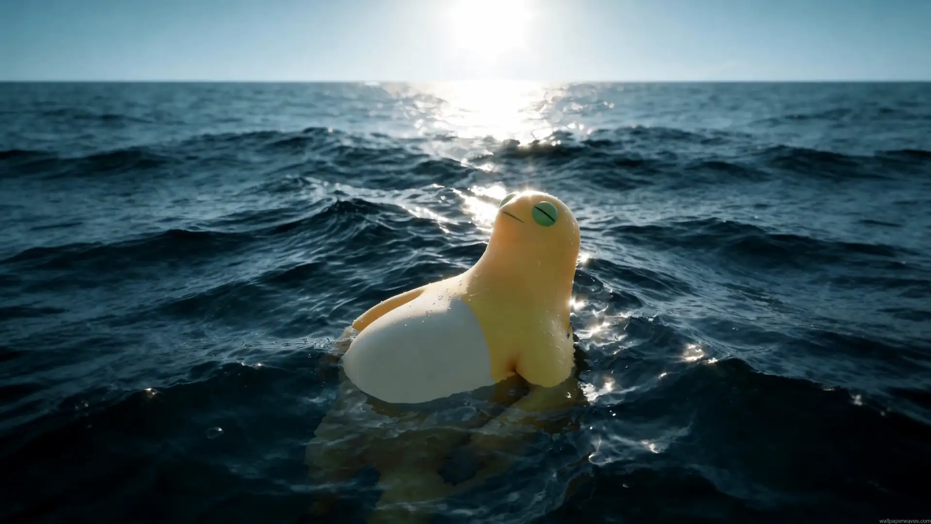 Cute yellow creature peacefully swimming in blue ocean waves under bright sunlight live wallpaper