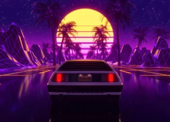 DeLorean Synthwave Sunset Drive Live Wallpaper 1 DeLorean driving on a neon synthwave highway with palm trees, purple mountains, and a glowing retro sunset live wallpaper