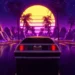 DeLorean driving on a neon synthwave highway with palm trees, purple mountains, and a glowing retro sunset live wallpaper