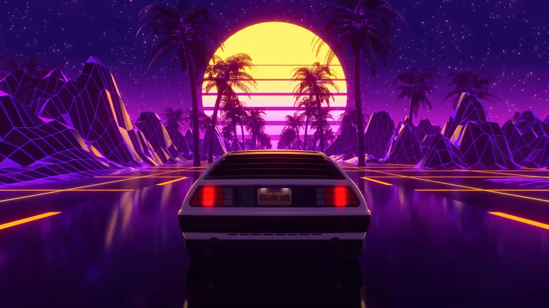 DeLorean driving on a neon synthwave highway with palm trees, purple mountains, and a glowing retro sunset live wallpaper