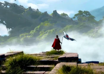 Fantasy Warrior Floating Island Live Wallpaper 1 Fantasy warrior holding a flag while facing a massive floating island with ancient ruins above misty clouds live wallpaper