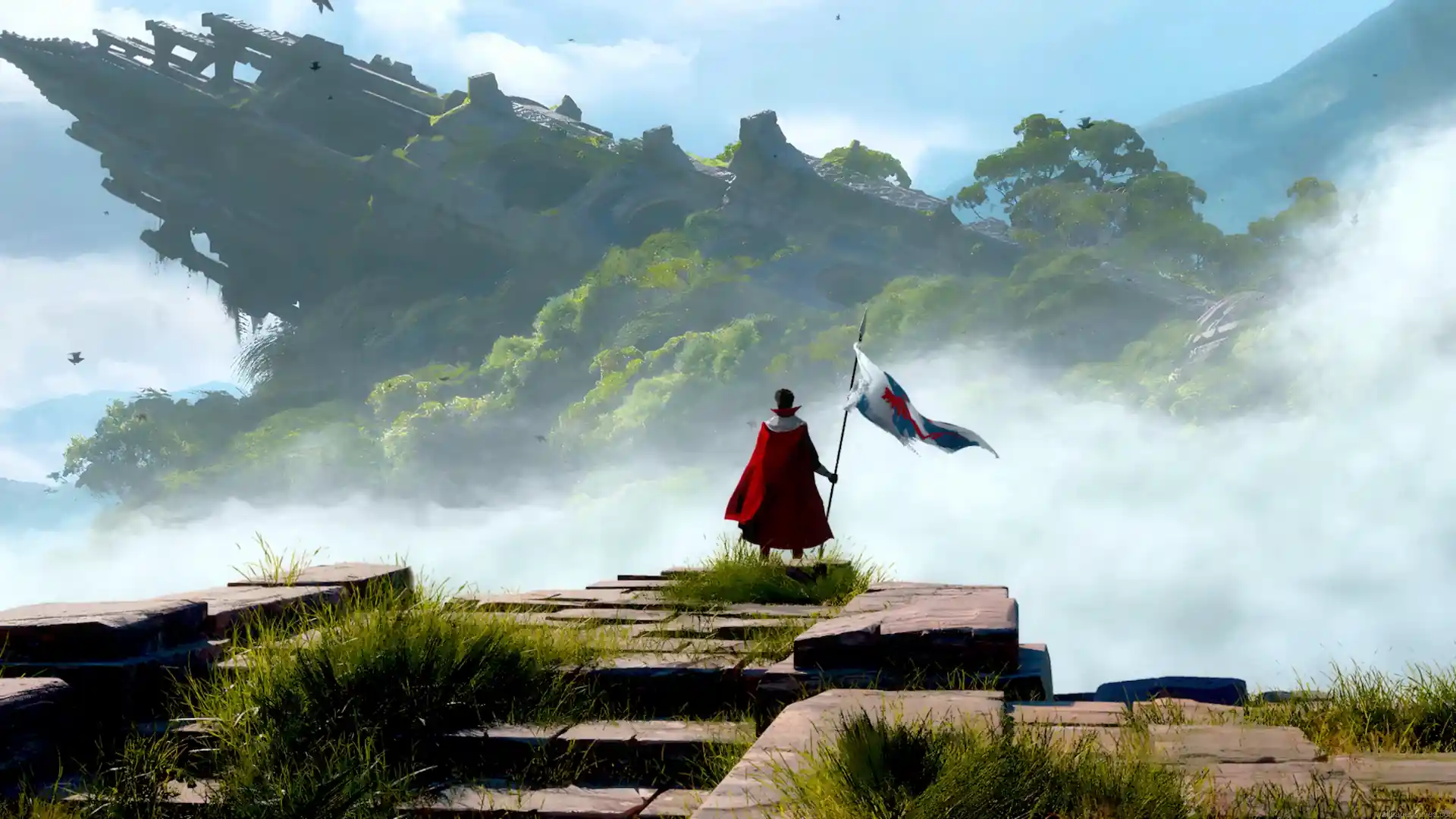 Fantasy warrior holding a flag while facing a massive floating island with ancient ruins above misty clouds live wallpaper