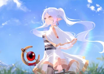 Frieren with flowing white hair and elf ears sitting beneath a bright blue sky with her magical staff live wallpaper