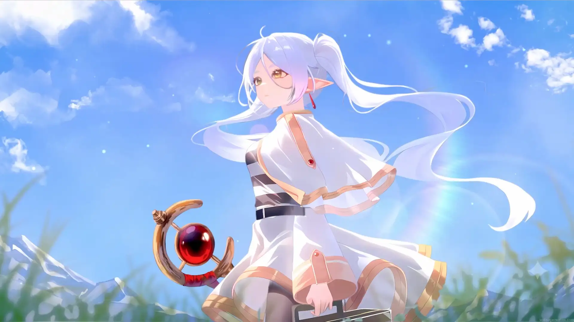 Frieren with flowing white hair and elf ears sitting beneath a bright blue sky with her magical staff live wallpaper