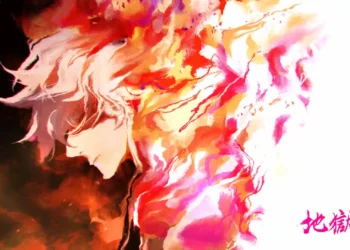 Gabimaru Hell’s Paradise Fire Aura Live Wallpaper 1 Gabimaru in side profile surrounded by vibrant red, orange, pink, and white fire aura in Hell’s Paradise live wallpaper